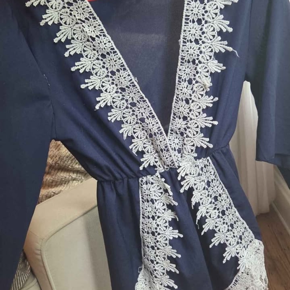 Navy Romper with White Lace Trim